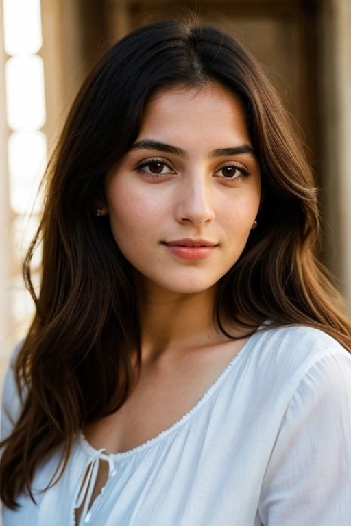 Génère une image réaliste d’une femme jeune âgée entre 20 et 25 ans, métisse (latine et arabe), très très belle, des yeux clairs, une chevelure et un visage parfaite