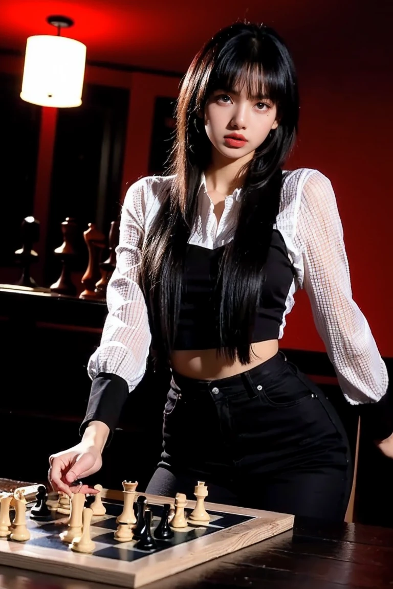 21yo girl, black hair, Dark room with red lights, chess board on the table