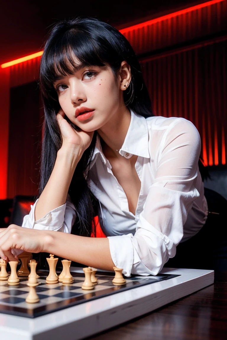 21yo girl, black hair, Dark room with red lights, chess board on the table