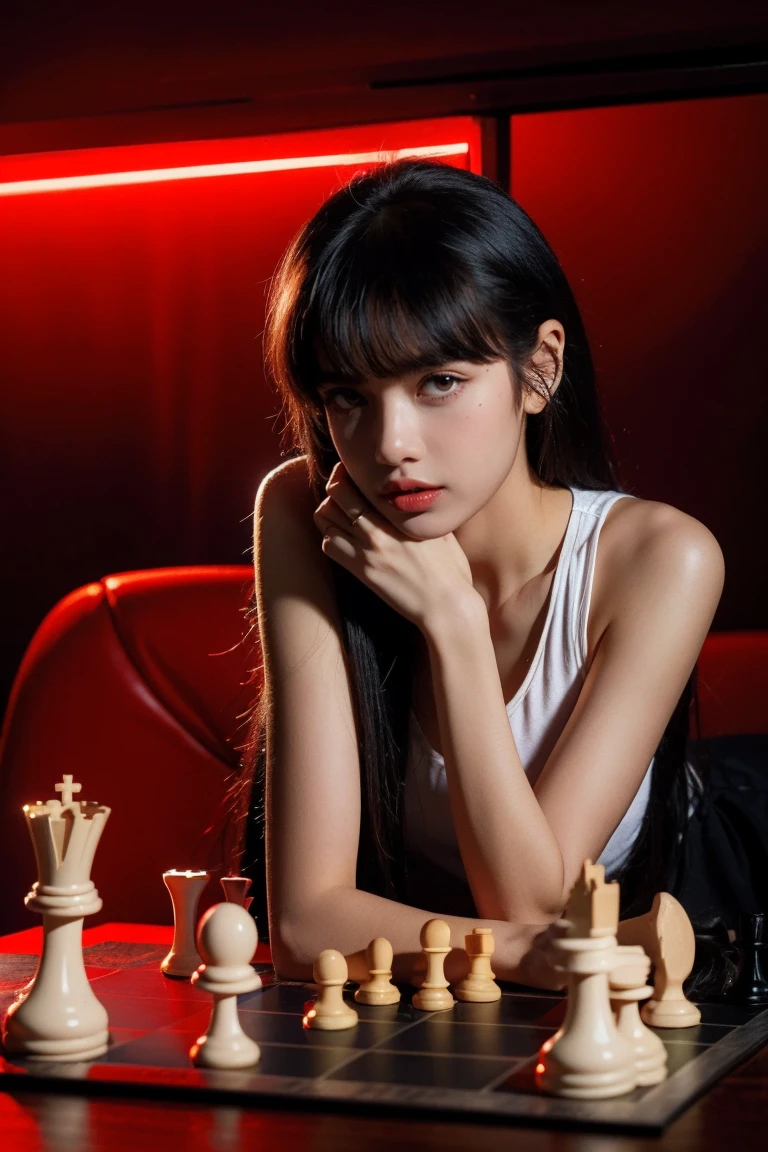21yo girl, black hair, Dark room with red lights, chess board on the table