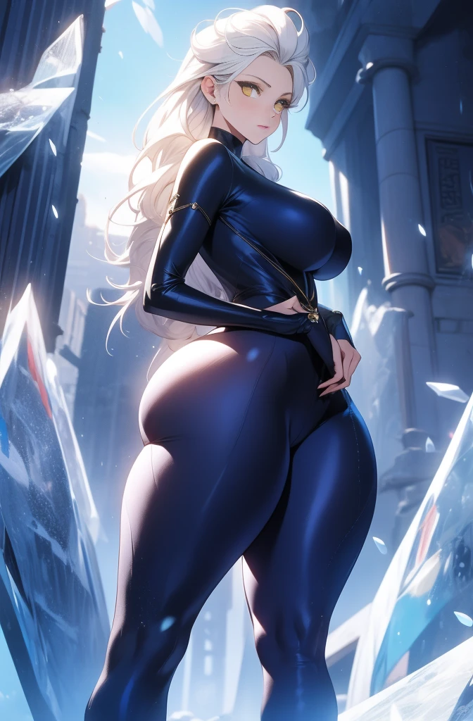 female, solo, young, sexy body, voluptuous figure, tightsuit, white hair, decolored blonde hair, ice effects around, ice queen, beautifull face, long hair, defined body, yellow and bright eyes, thick legs, strong legs, tall, Voluptuous legs, huge ass, big hip, big ass, female sorcerer, blue and black robes,