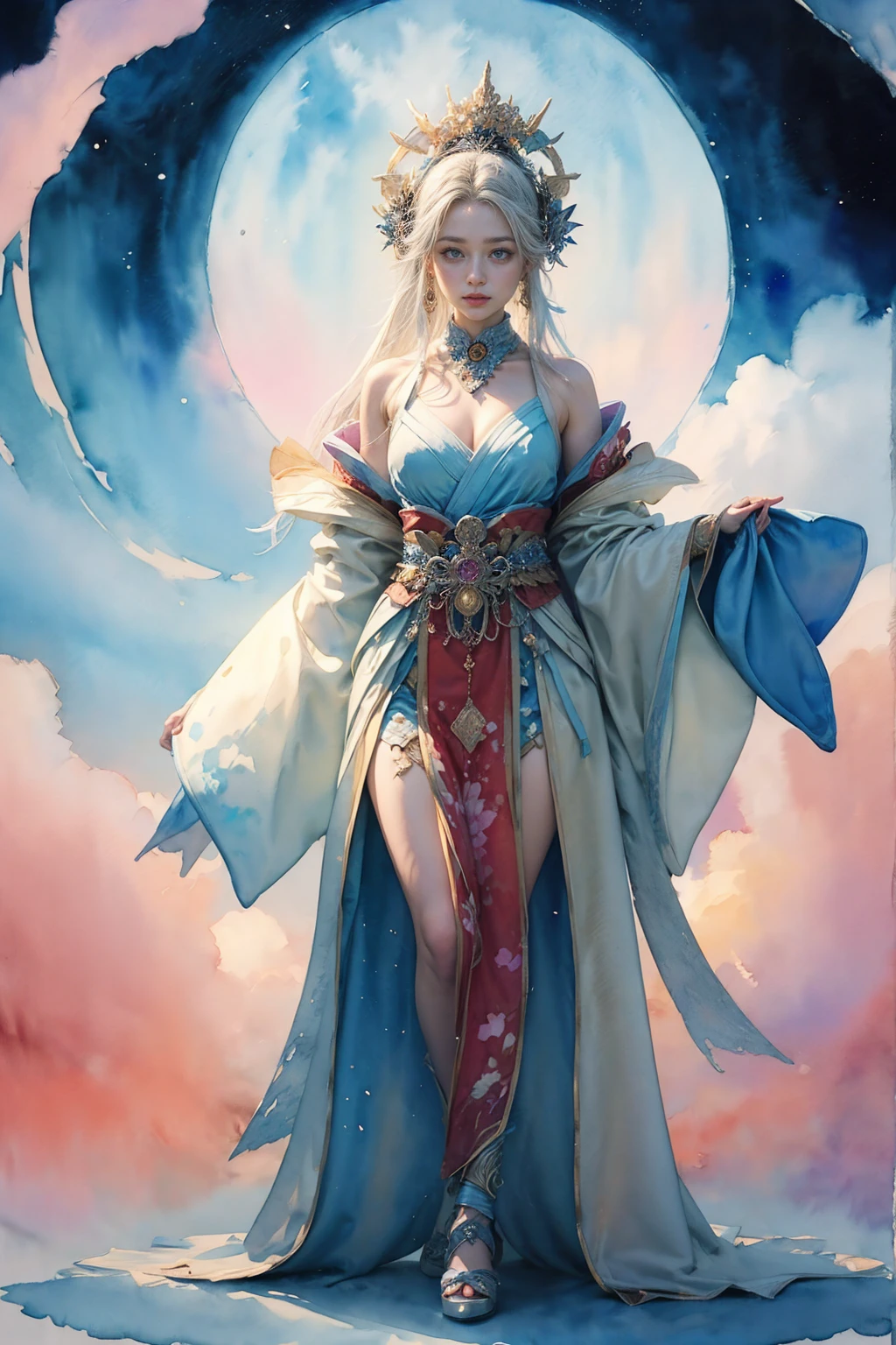 busty half dragon woman with gold dragon horns , gold scales, gold hair, blue dragon eyes, princess, silver tiara, platinum gown