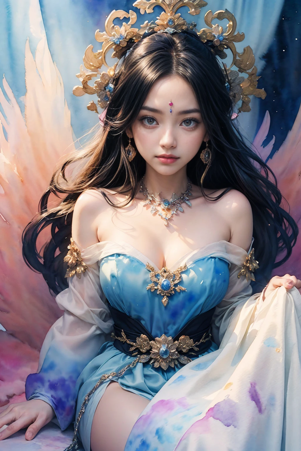 (Tabletop, Highest qualityの, Highest quality, Official Art, (beautifully、aesthetic:1.4), (Watercolor:1.4) ), (Banjakuhime 1.5), Goddess of Japanese Mythology, Majestic beauty, Star Goddess、Goddess of the night sky、popularly、((((popularly))))、Support for reincarnation, God's Grace, Calm and meditative expression, Flowing Heavenly Robe, Shine、Brought peace and a bountiful harvest to everyone on earth, Soar into the stars, Whispers of Ancient Lore、(((Are standing)))