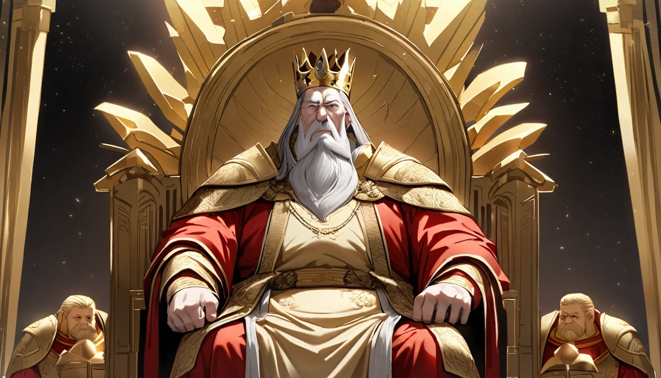 (highest quality:1.5), (masterpiece:1.5), (throne room:1.2), (macho:1.3), (huge body:1.5), long white hair, long white beard, 65 years old, red luxurious robe, wearing a crown, sitting on the throne, eyes closed, (shoot from front:1.3)