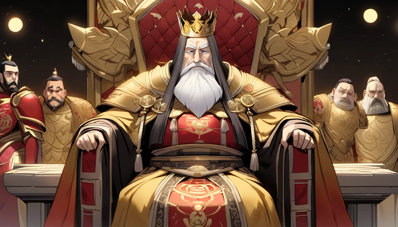 two men,An old emperor named John,Tall, Square face.Silver long hair,Wearing a golden crown, Thick eyebrows,Long white beard.,Pale complexion, Wearing a gorgeous golden robe,Embroidered with dragon pattern.;Another young general named Ken,Burly figure,Long face, Blonde short hair,Thick eyebrows,Short whiskers,Healthy bronze,Wearing a red armor,Symbol with sun,There is a golden sword on the waist; John is sitting majestically on a glittering throne。Ken stands in front of the throne,Looks like he's protecting the man sitting on the throne,There was an air of respect and loyalty between the two.。