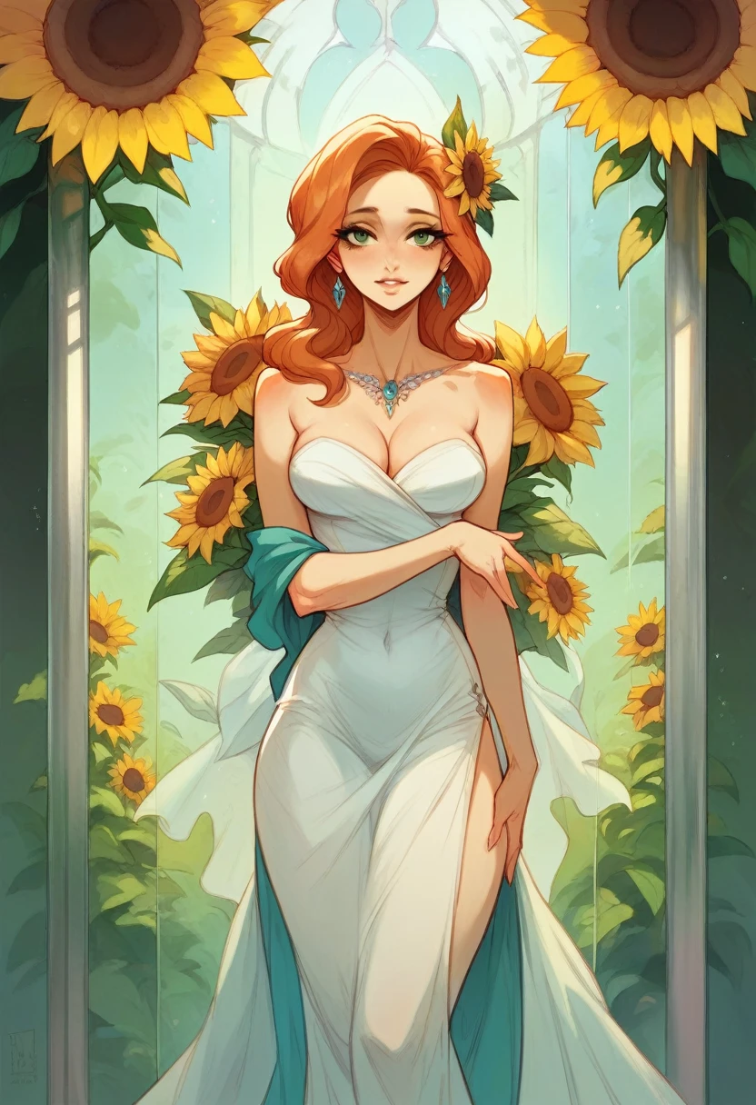 a woman standing next to a sunflower, digital art, by Marie Bashkirtseff, tumblr, digital art, beautiful glass work, metal sculpture, mobile wallpaper, very elegant