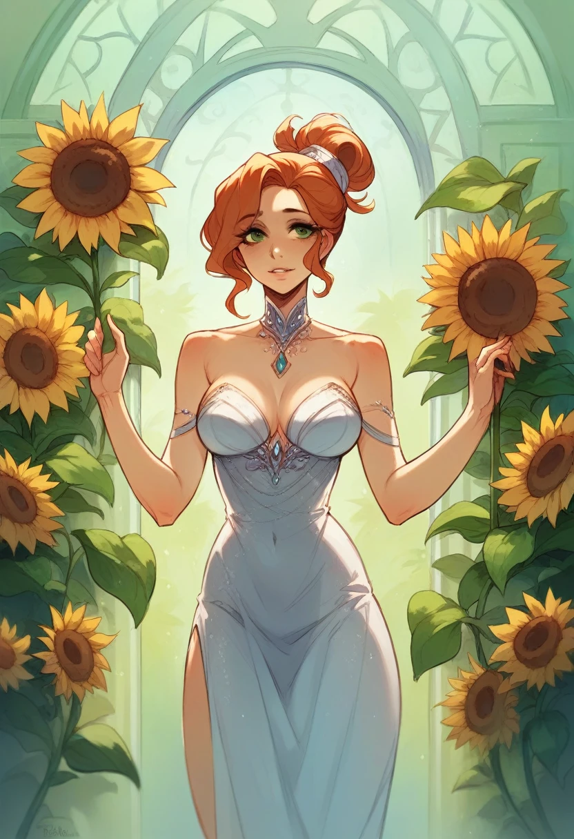 a woman standing next to a sunflower, digital art, by Marie Bashkirtseff, tumblr, digital art, beautiful glass work, metal sculpture, mobile wallpaper, very elegant