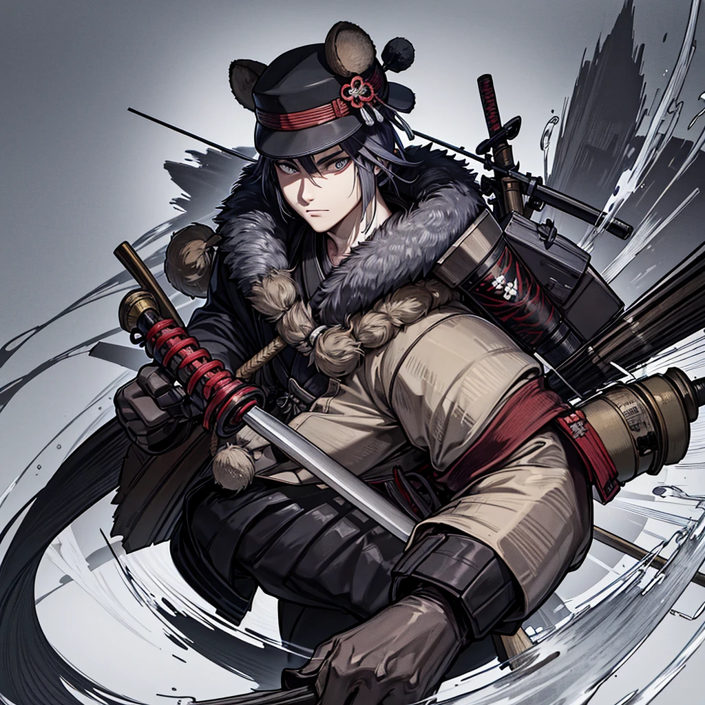 The wild raccoon man wears a ronin uniform and a straw samurai hat.