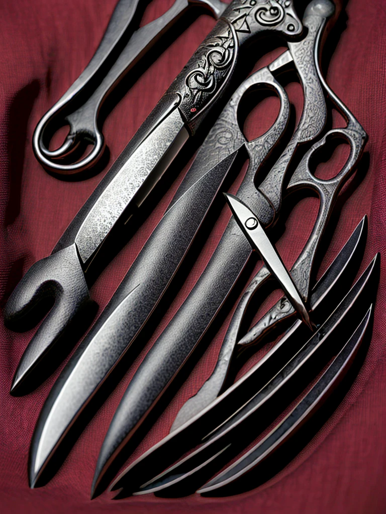 a colossal pair of scissors, much larger than any common scissors, with razor-sharp scarlet red blades that seem to almost pulse with a sinister energy. The edges of the blades are adorned with intricate black detailing, like tribal patterns or ancient runes, which give the weapon an even more threatening appearance.The handle of the scissors is made of a material as black as night., maybe a dark metal or a magical wood, and is carved with shadowy figures and ornamentation reminiscent of gargoyles or mystical creatures. The handle design is ergonomic, allowing the user to handle it with surprising ease despite its imposing size.Aura:The scissors emanate a dark and intimidating aura. A dark, turbulent mist seems to envelop the blades, occasionally releasing sparks of dark energy.