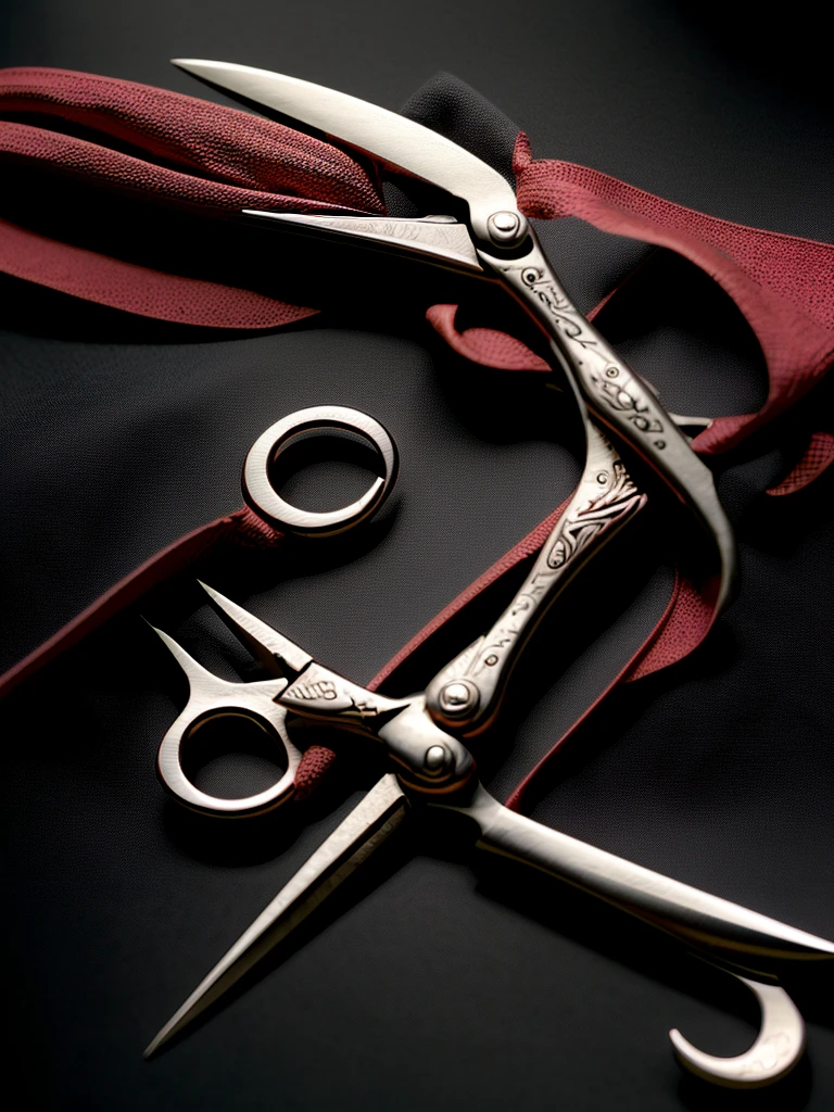 a colossal pair of scissors, much larger than any common scissors, with razor-sharp scarlet red blades that seem to almost pulse with a sinister energy. The edges of the blades are adorned with intricate black detailing, like tribal patterns or ancient runes, which give the weapon an even more threatening appearance.The handle of the scissors is made of a material as black as night., maybe a dark metal or a magical wood, and is carved with shadowy figures and ornamentation reminiscent of gargoyles or mystical creatures. The handle design is ergonomic, allowing the user to handle it with surprising ease despite its imposing size.Aura:The scissors emanate a dark and intimidating aura. A dark, turbulent mist seems to envelop the blades, occasionally releasing sparks of dark energy.