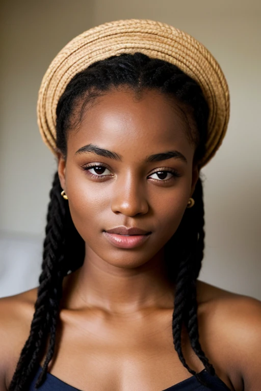 Génère une image réaliste d’une femme jeune âgée entre 20 et 25 ans, africaine , très très belle, des yeux clairs, une chevelure africaine et un visage parfaite 
