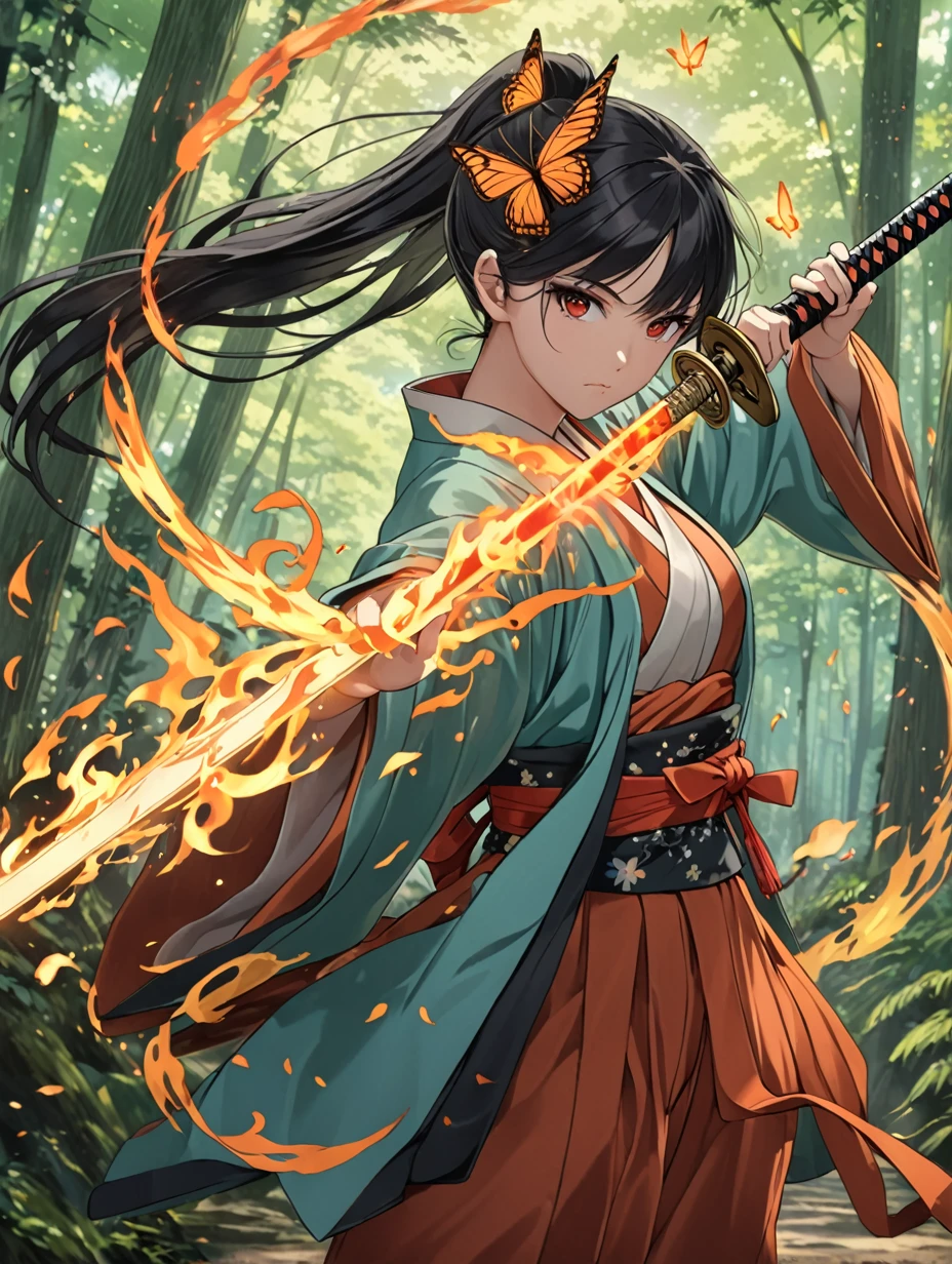 1female, 20 years old, Asian golden red eyes, thin eyes, yellowish skin, long black hair in a high ponytail, orange butterfly hairpin, bangs, turquoise Japanese haori, pale red Japanese hakama pants, long sleeves, Japanese belt with butterfly ornaments, odachi Japanese sword with fire magic, stern expression, concentration, forest around, fire magic, butterflies, battle pose