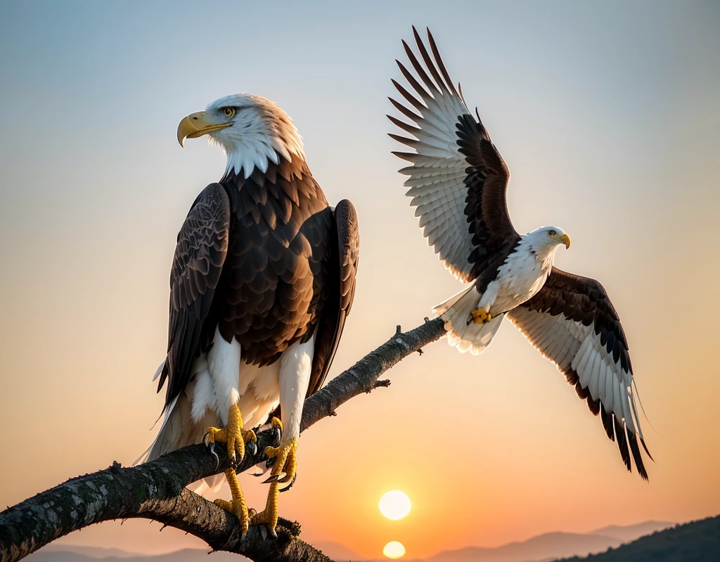 Create a powerful and fearless eagle perched atop a sturdy, dry branch during sunset. The eagle should exude strength and confidence, with visible feathers and claws, ready to face any challenge. The background sky should be tinted in vibrant shades of orange, indicating a dramatic evening between 4 and 5 PM. The sunset light should highlight the eagle's features and cast subtle shadows on the branch and surroundings. Use a realistic color palette with tones of orange, gold, and earthy hues. na imagen deve ter apenas 1 aguia