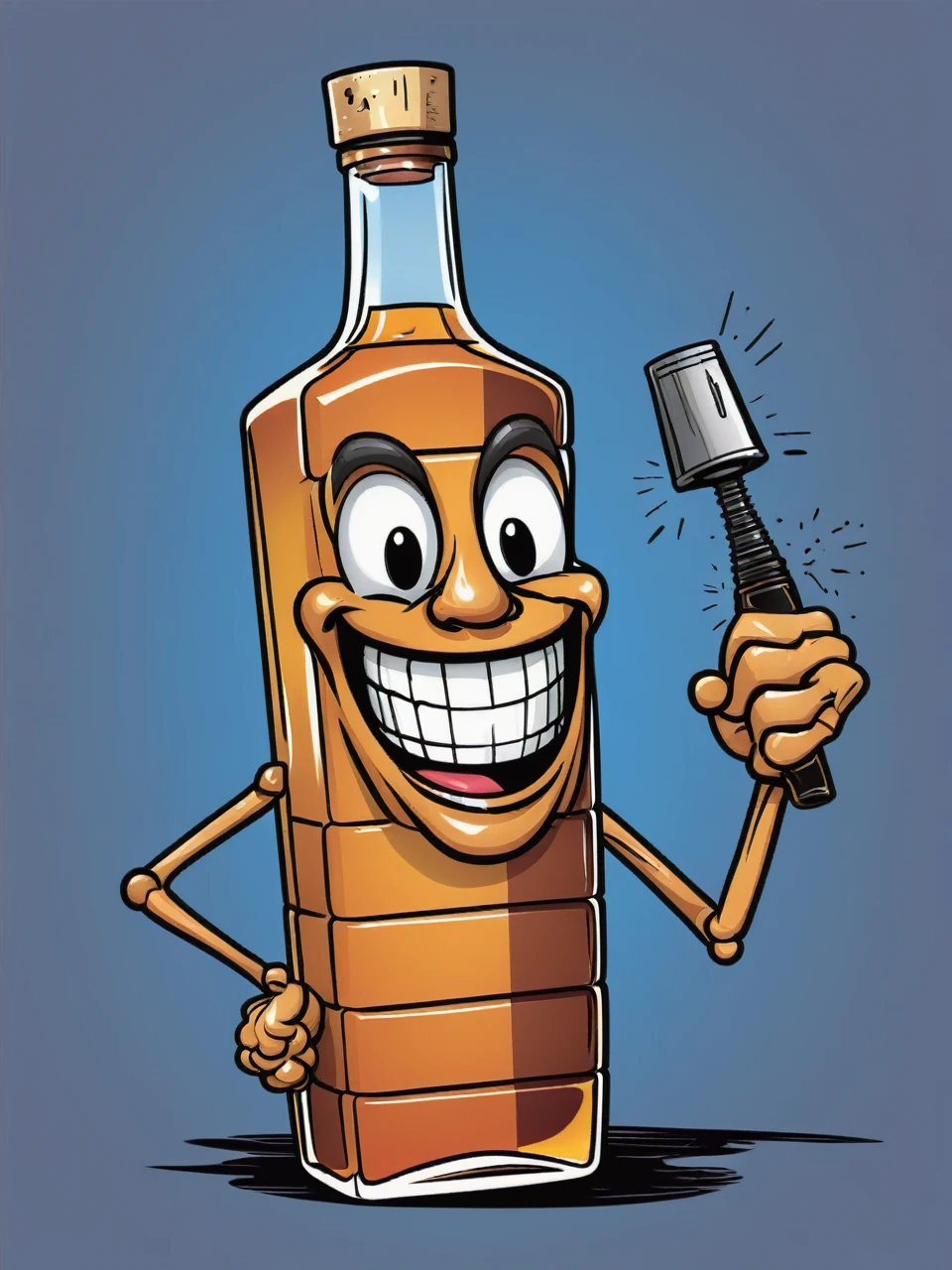 Vector illustration of a humanoid whisky bottle, comic-Stil, cheerful face, comic arms with cigar