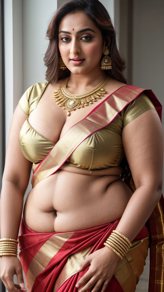 Foto RAW, photorealistic, photography, full body shot, master shot, perfect eyes, goddess like beauty, pierced eyes, perfect thick chubby mallu Desi aunty bhabhi, Full figured woman, juicy thick figure, bulky figure, curvy, fleshy curvy figure, voluptuous body, wide body, full figured aunty, navel folds, fleshy figure, heavy figure, Wearing a Stanapatta, a chest-band.Saree model, model Photography, Indian saree shoot, Indian traditional wear advertising photography, traditional wear brand shoot, face of Indian actress Sonakshi Sinha, masterpiece, realistic, realism, incredible details, pleasure, photorealism, detailed skin, skin pores, high contrast, photorealistic Artstation 8k HD digital art trend of high definition and detailed realistic skin texture, ultra detail, realistic skin texture, armature, best quality, ultra high definition, (photorealistic:1.4),, high resolution, detail, raw photo, sweat, Re sharp, by Lee Jefferies Nikon D850 Film Stock Photo 4 Kodak Portra 400 Camera F1.6 Lens Rich Color Ultra Real Realistic Realistic Textures Dramatic Lighting Unreal Engine Trending at Art Station Cinestill 800,(pele altamente detalhada: 1.2), 8k UHD, DSLR, soft-lighting, alta qualidade, grain of film, Fujifilm XT3,she didn't like to wear blouse or bra, She doesn't like to wear bra or blouse as it is against her traditional customs, wearing a Bra or blouse is against her forbidden in her tribes ritual, traditional no blouse saree, detailed hairy armpits, hyper realistic skin, skin pores, sweat, veins,