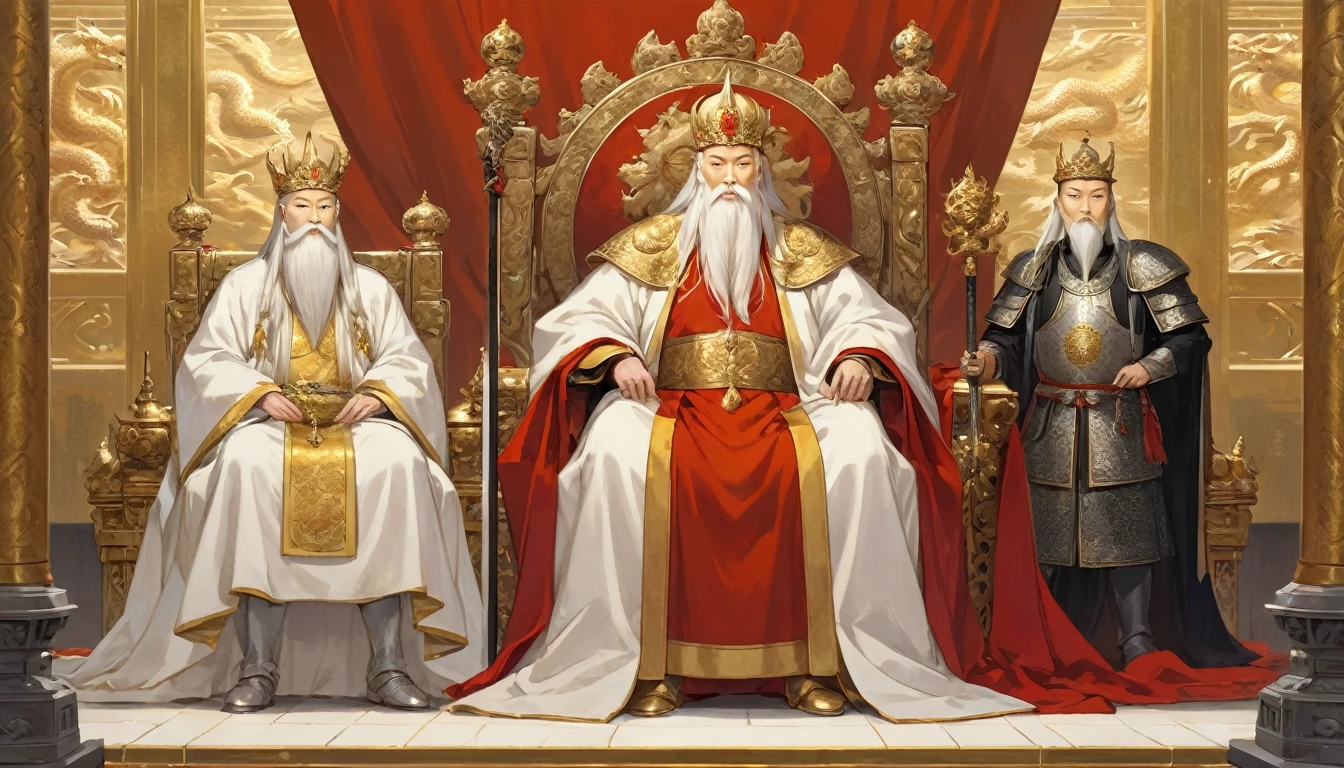 two men,An old emperor named John,Tall, Square face.Silver long hair,Wearing a golden crown, Thick eyebrows,Long white beard.,Pale complexion, Wearing a gorgeous golden robe,Embroidered with dragon pattern.;Another young general named Ken,Burly figure,Long face, Blonde short hair,Thick eyebrows,Short whiskers,Healthy bronze,Wearing a red armor,Symbol with sun,There is a golden sword on the waist; John is sitting majestically on a glittering throne。Ken stands in front of the throne,Looks like he's protecting the man sitting on the throne,There was an air of respect and loyalty between the two.。