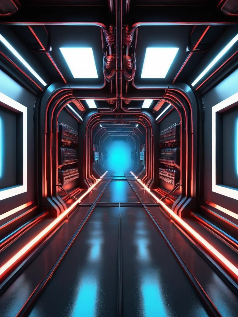 tunnel music producer studio, infernal themed futuristic background image, cables hell neon, symmetrical image, hell, White wall, negro, blue