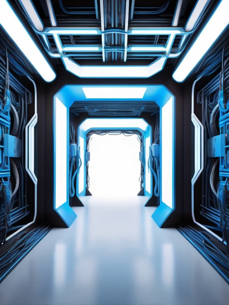 tunnel music producer studio, infernal themed futuristic background image, cables hell neon, symmetrical image, hell, White wall, negro, blue