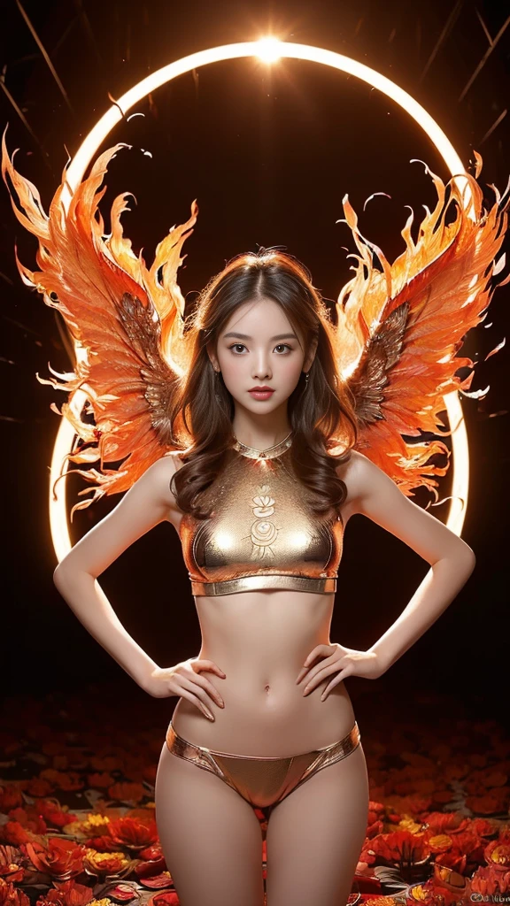 (((work of art, best qualityer: 1.2), A girl with phoenix wings standing in a ring of fire, beautiful and symmetrical face, with bright red eyes, phoenix, lotus flowers, red rose gold, gold mini underwear, Mountain sunrise to the bottom, Ancient porcelain buildings)),sexy and seductive look
