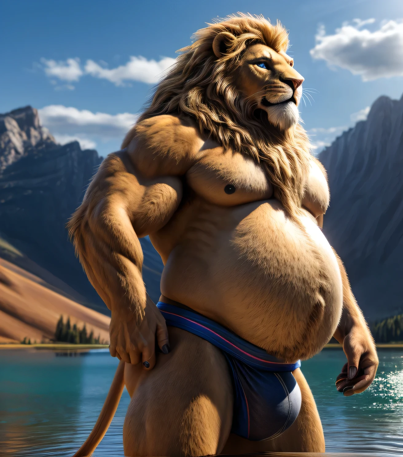 extremely detailed very big ball of fat male lion with blond mane, extremely detailed eyes, long thick fur, extremely big and fat belly, big butt, very very big belly, in jockstrap, photorealistic, 4k, high quality, fine art portrait, dramatic lighting, vivid colors, correct eyes and anatomy, in a mountain lake, flexing arms, face portrait, strict face portrait realistic,  (best quality,8k,highres,masterpiece:1.2),ultra-detailed,(realistic,photorealistic,photo-realistic:1.37),HDR,UHD,studio lighting,ultra-fine painting,sharp focus,physically-based rendering,extreme detail description,professional,vivid colors,bokeh,cinematic,extremely detailed eyes and face, correct anatomy, correct hand