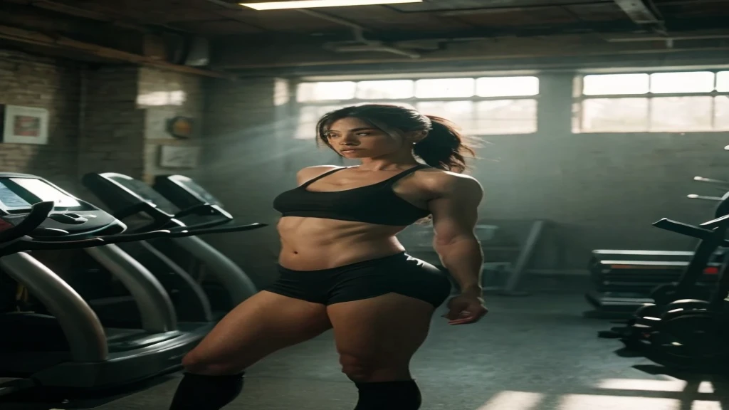 An illustration in 8K resolution portraying a fantasy woman with a perfect body, captured in a realistic gym scene. The artist's style, akin to Craig Mullins, emphasizes rich textures and atmospheric lighting. The woman strikes a powerful pose, surrounded by gym equipment. The color temperature is warm, enhancing her complexion. Her expression exudes determination and dedication. The lighting creates dramatic highlights and shadows, adding realism. The atmosphere is intense and authentic. --v 5 --stylize 1000