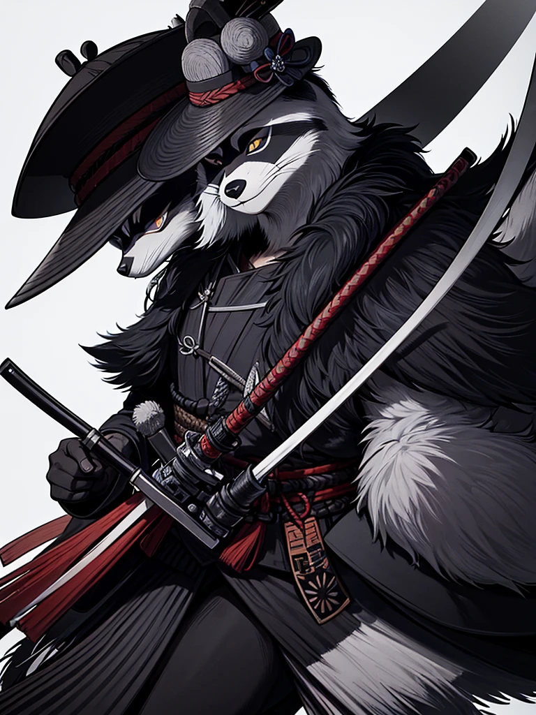 The wild raccoon man wears a ronin uniform and a straw samurai hat.