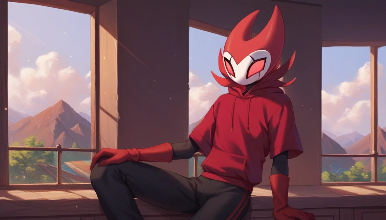 score_9, score_8_up, score_7_up, score_6_up, zPDXL2, grimm \(hollow knight\), vampire, bat, 1boy, solo, cute face, detailed eyes, portrait, anthro, black sports pants, blue large hoodie, red sports gloves, sneakers, background, near the window, landscape, looking into nothing, portrait of the face