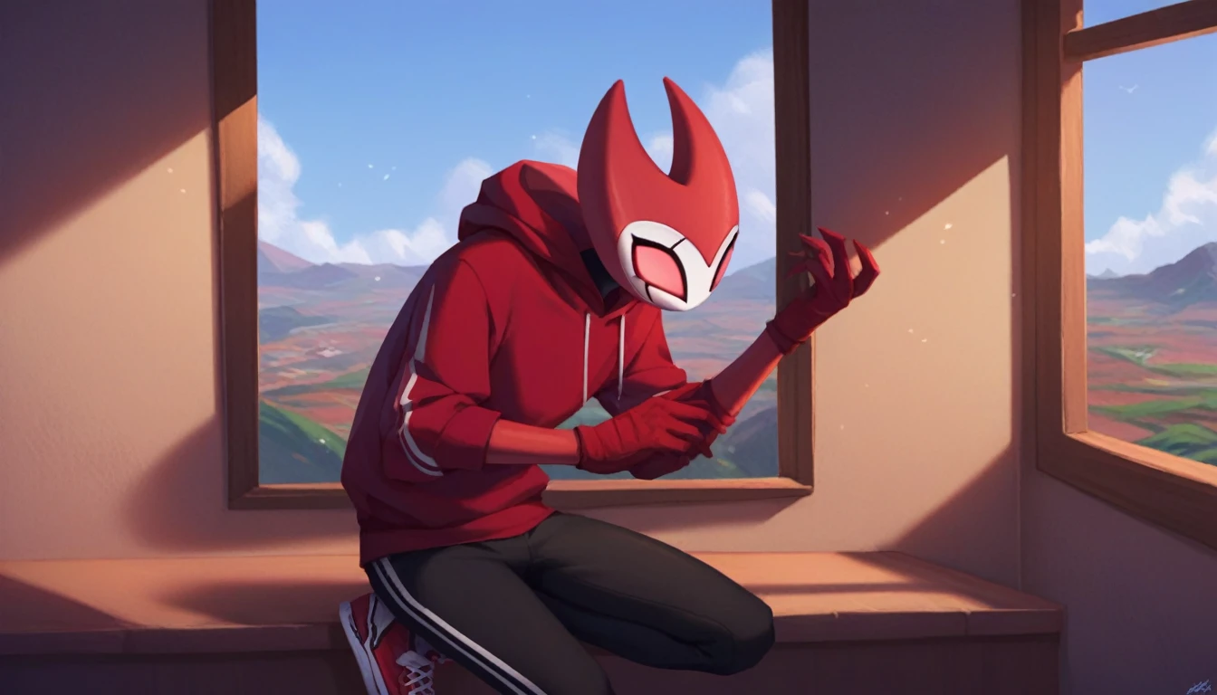 score_9, score_8_up, score_7_up, score_6_up, zPDXL2, grimm \(hollow knight\), vampire, bat, 1boy, solo, cute face, detailed eyes, portrait, anthro, black sports pants, blue large hoodie, red sports gloves, sneakers, background, near the window, landscape, looking into nothing, portrait of the face