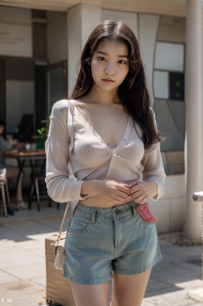 (a close-up of a 21-year-old Korean woman),
(Confident: 0.7), (Elegant attire: 1.0), (Petite stature: 0.8), (Beautiful doe eyes: 1.2), (Soft, small lips: 0.9), (Stylish outfit: 1.1), (Pastel colors: 0.8), (Hint of sexiness: 0.6). (Mischievous smile: 0.5), (Lively campus background: 0.7), (Secret Journal in hand: 0.6), (Determined expression: 0.9). (Vulnerable look: 0.4), (Smart and harsh demeanor: 0.7), (Endearing clumsiness: 0.6), (Subtle emotional depth: 0.8), (Cinematic realism: 1.3), (Nikon D850 camera: 1.0), (Film stock photograph: 0.9), (Saturated colors: 1.1). (Hyper-realistic lighting: 1.2).