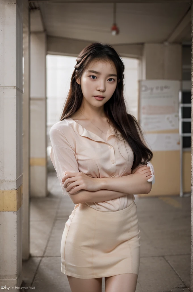 (a close-up of a 21-year-old Korean woman),

(Confident: 0.7), (Elegant attire: 1.0), (Petite stature: 0.8), (Beautiful doe eyes: 1.2), (Soft, small lips: 0.9), (Stylish outfit: 1.1), (Pastel colors: 0.8), (Hint of sexiness: 0.6). (Mischievous smile: 0.5), (Lively campus background: 0.7), (Secret Journal in hand: 0.6), (Determined expression: 0.9). (Vulnerable look: 0.4), (Smart and harsh demeanor: 0.7), (Endearing clumsiness: 0.6), (Subtle emotional depth: 0.8), (Cinematic realism: 1.3), (Nikon D850 camera: 1.0), (Film stock photograph: 0.9), (Saturated colors: 1.1). (Hyper-realistic lighting: 1.2).