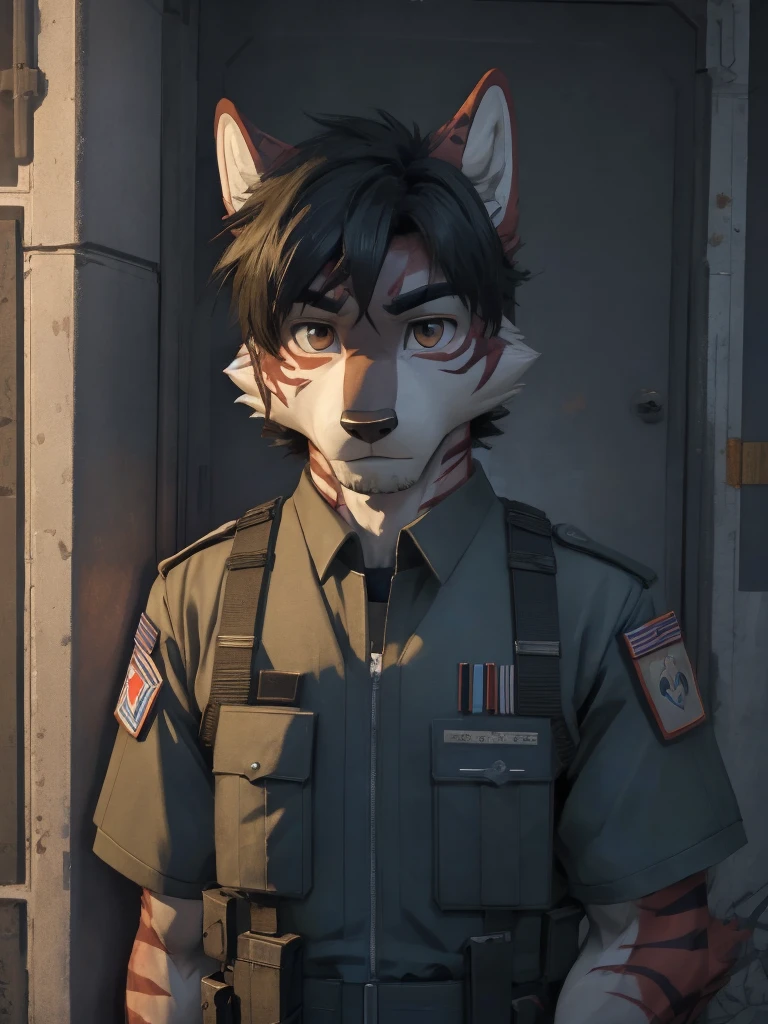Male, male focus, wolf, 20 years old, short hairs, black fur, white fur, black hair, Red heart stripes on his hair, navy seal military uniform, high quality, highlight, shade, shadow, military Cruiser, night, scars, high details, Very high level of detail, Very detailed shading 