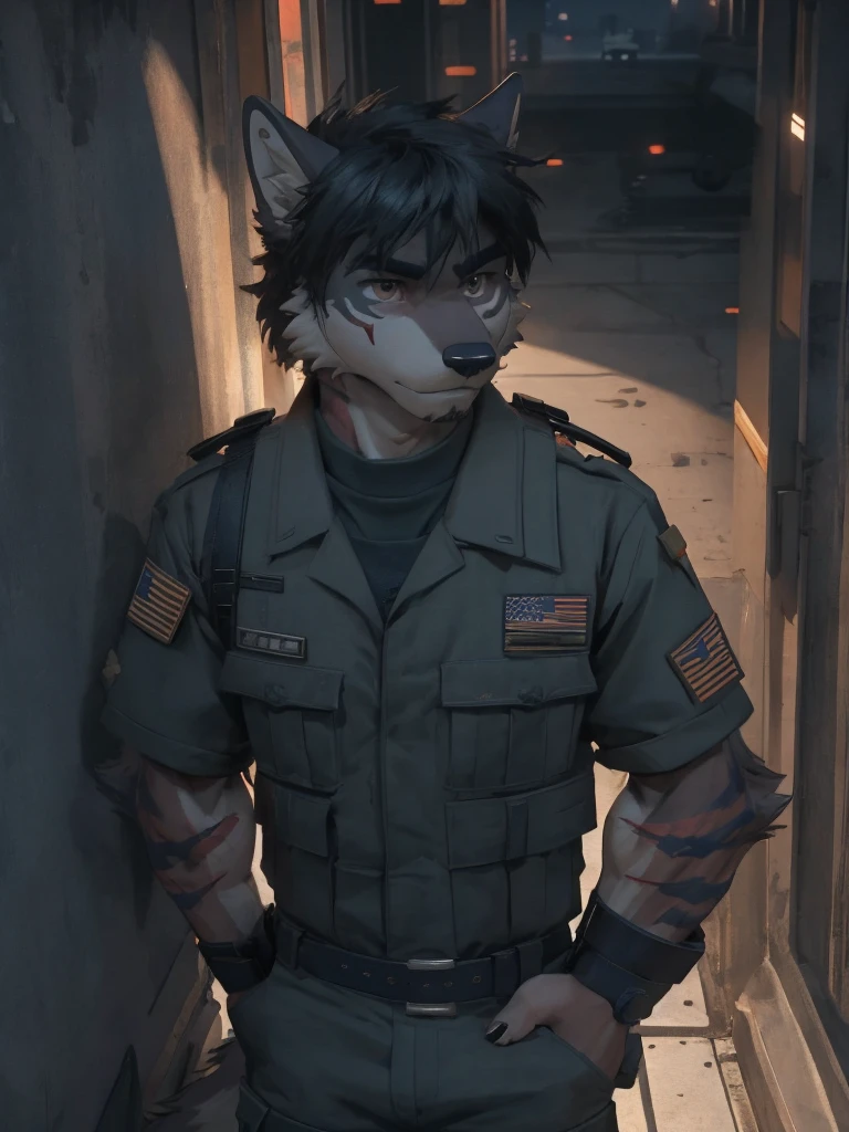 Male, male focus, wolf, 20 years old, short hairs, black fur, white fur, black hair, Red heart stripes on his hair, navy seal military uniform, high quality, highlight, shade, shadow, military Cruiser, night, scars, high details, Very high level of detail, Very detailed shading