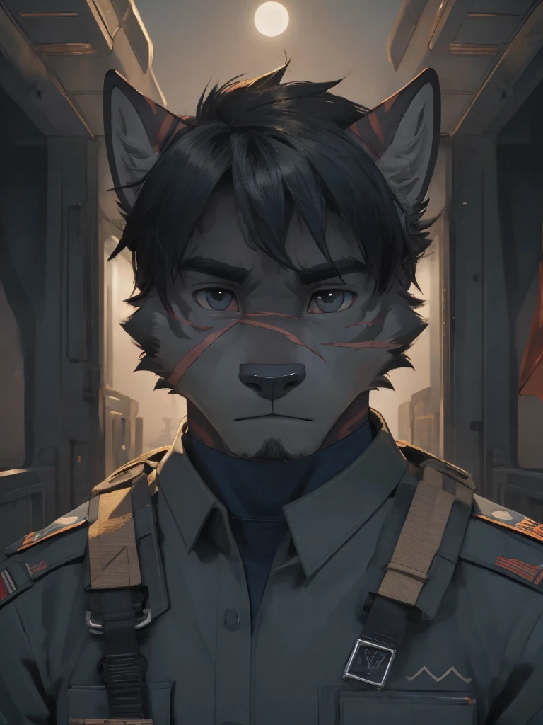 Male, male focus, wolf, 20 years old, short hairs, black fur, white fur, black hair, Red heart stripes on his hair, navy seal military uniform, high quality, highlight, shade, shadow, military Cruiser, night, scars, high details, Very high level of detail, Very detailed shading