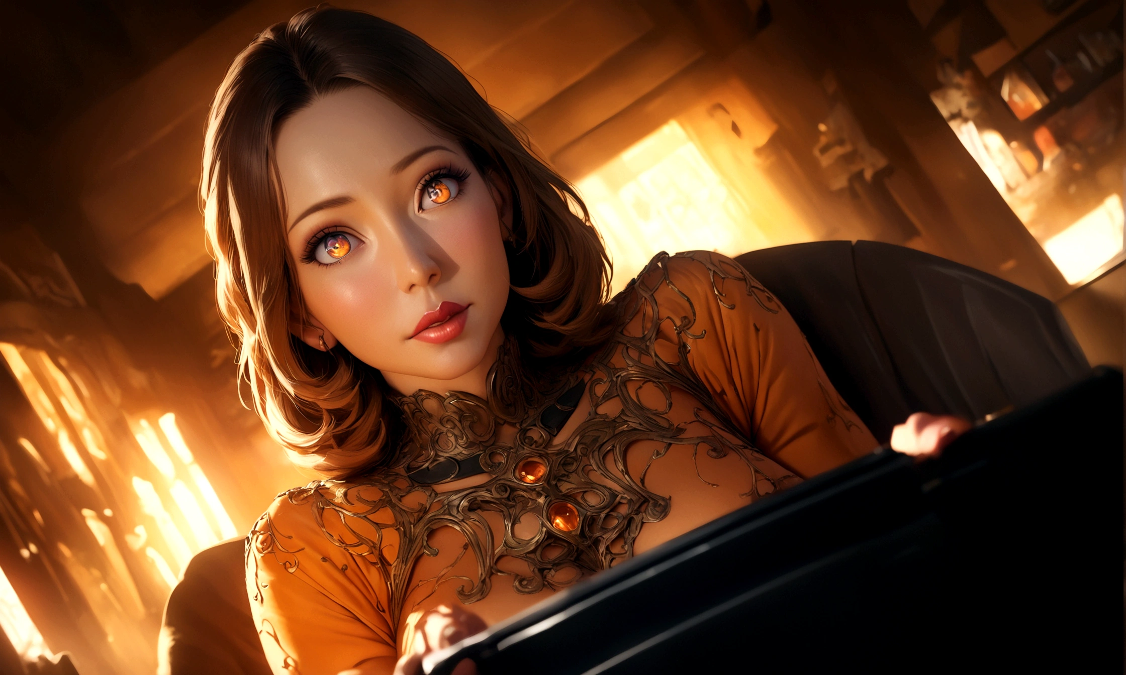 a detailed anime character,milfy mom,hesitant expression,typing in chat interface,detailed facial features,detailed eyes,detailed lips,detailed skin,intricate clothing,volumetric lighting,cinematic composition,dynamic camera angle,highly detailed,4k,8k,photorealistic,masterpiece,digital painting,vibrant colors,soft lighting,warm color tones