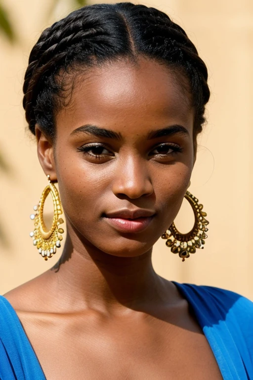 Génère une image réaliste d’une femme jeune âgée entre 20 et 25 ans, africaine , très très belle, des yeux clairs, une chevelure africaine et un visage parfaite