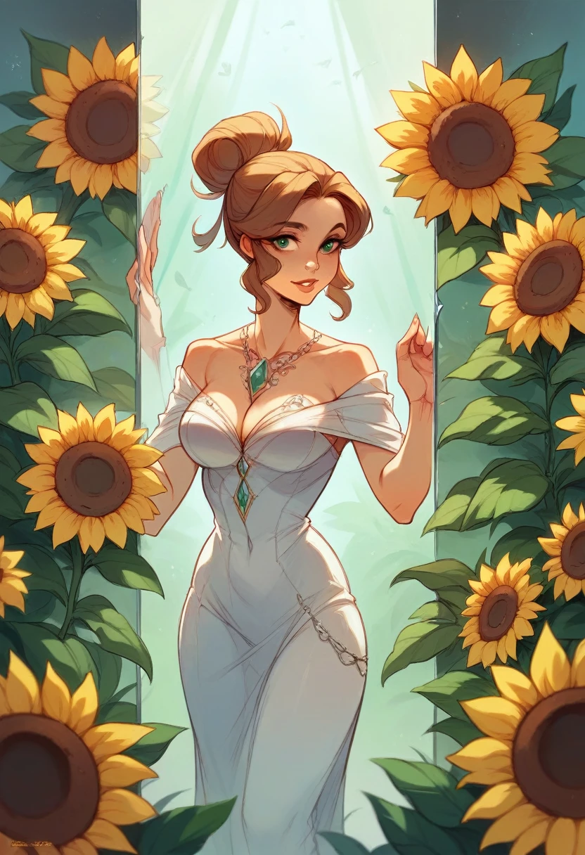 a woman standing next to a sunflower, digital art, by Marie Bashkirtseff, tumblr, digital art, beautiful glass work, metal sculpture, mobile wallpaper, very elegant
