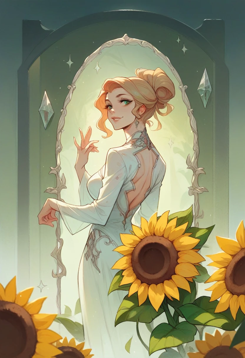 a woman standing next to a sunflower, digital art, by Marie Bashkirtseff, tumblr, digital art, beautiful glass work, metal sculpture, mobile wallpaper, very elegant