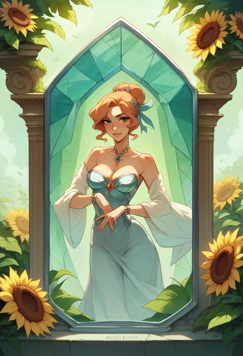 a woman standing next to a sunflower, digital art, by Marie Bashkirtseff, tumblr, digital art, beautiful glass work, metal sculpture, mobile wallpaper, very elegant