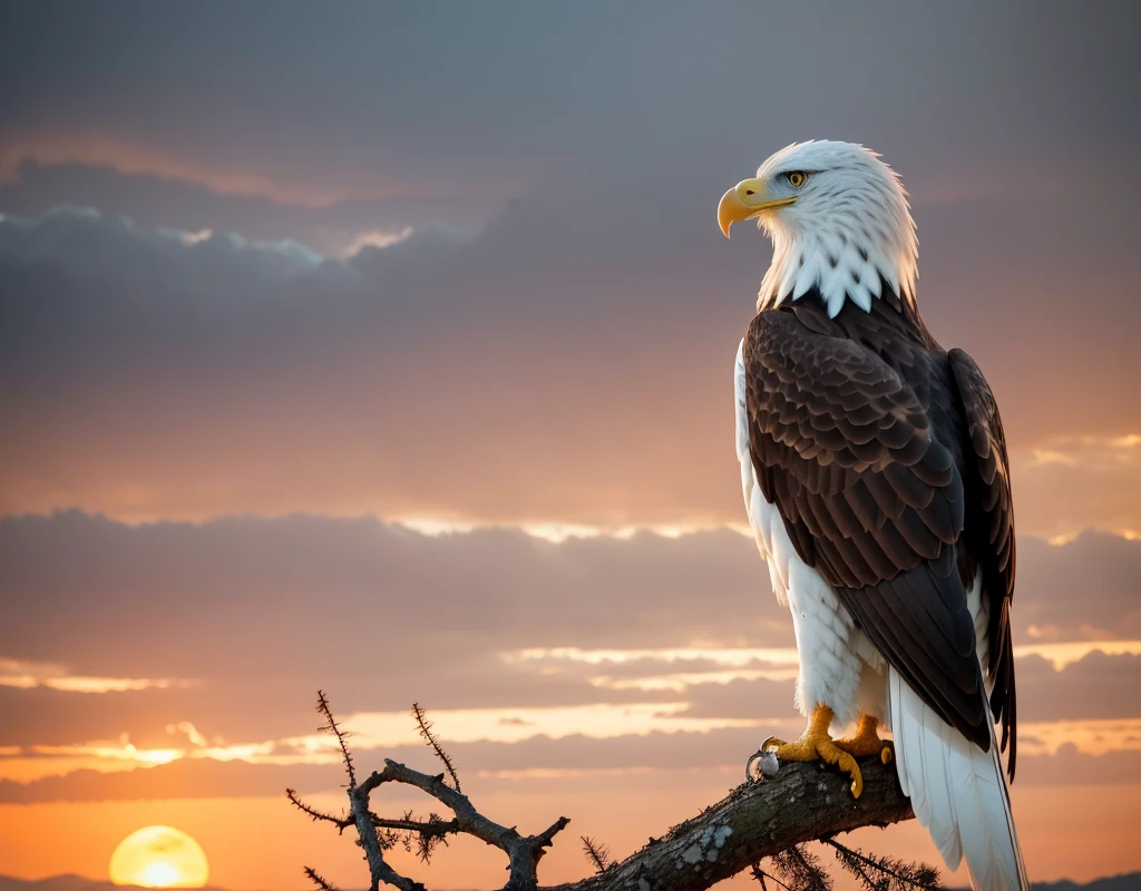 Create a powerful and fearless eagle perched atop a sturdy, dry branch during sunset. The eagle should exude strength and confidence, with visible feathers and claws, ready to face any challenge. The background sky should be tinted in vibrant shades of orange, indicating a dramatic evening between 4 and 5 PM. The sunset light should highlight the eagle's features and cast subtle shadows on the branch and surroundings. Use a realistic color palette with tones of orange, gold, and earthy hues. na imagen deve ter apenas 1 aguia o cenario deve ser arido sem montanhas deve ser plano









