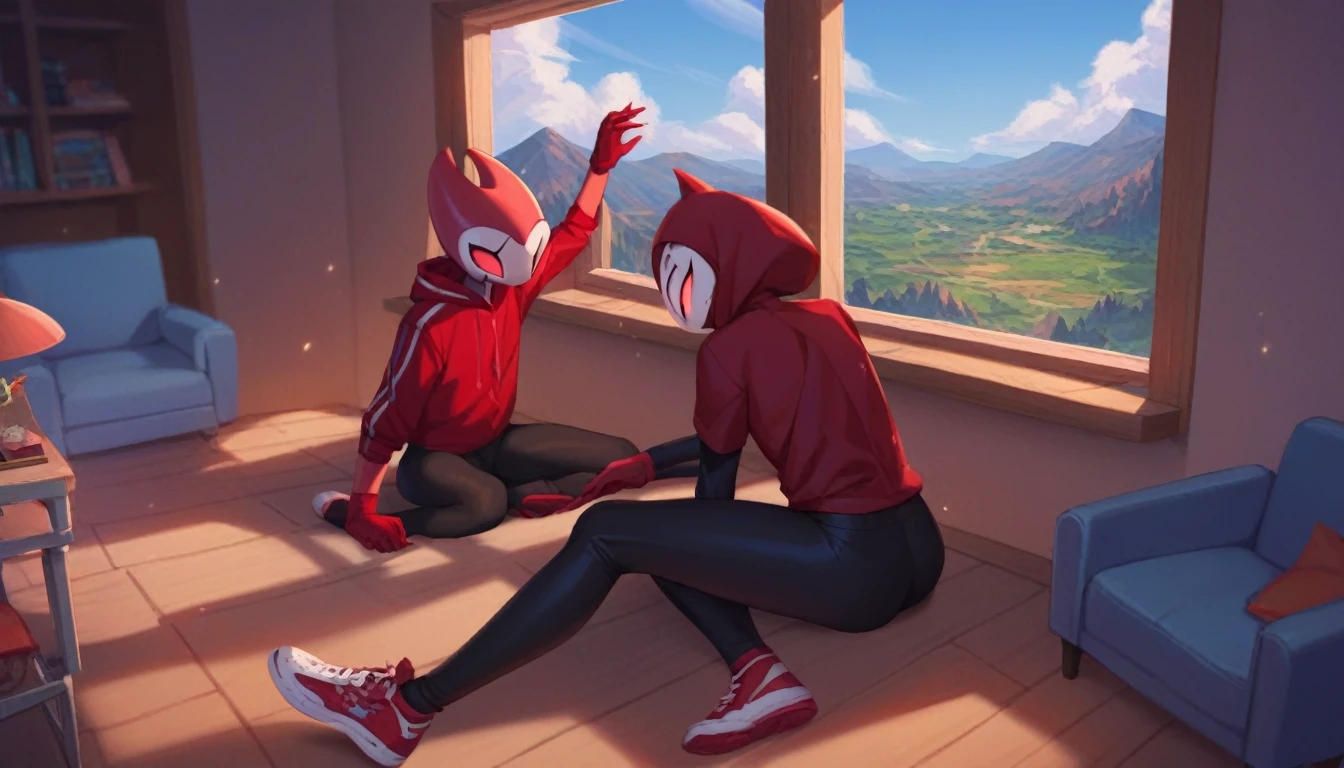 score_9, score_8_up, score_7_up, score_6_up, zPDXL2, grimm \(hollow knight\), vampire, bat, 1boy, cute face, detailed eyes, anthro, black sports pants, blue large hoodie, red sports gloves, sneakers, background, near the window, landscape, near an armchair, looking into nothing, portrait of the face, sitting, curvy body, (dynamic poses), femboy, doggy pose