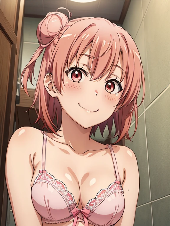 ((masutepiece, Best Quality, hight resolution, nffsw, Perfect Pixel, depth of fields, 4K, )), 1girl in, Solo, , Beautiful anime girl, Beautiful Art Style,
very low view angle:1.3, view from below:1.5, sky from below:1.5, bathroom background,
Perfect body, smile face:1.5 shot from below:1.4, finger on lips:1.5, pink stockings, pink lingerie:1.5,
Yuigahama Yui, Hair bun, short hair, medium breasts,
Full face blush, red face,
straight on:1.3, medium shot
