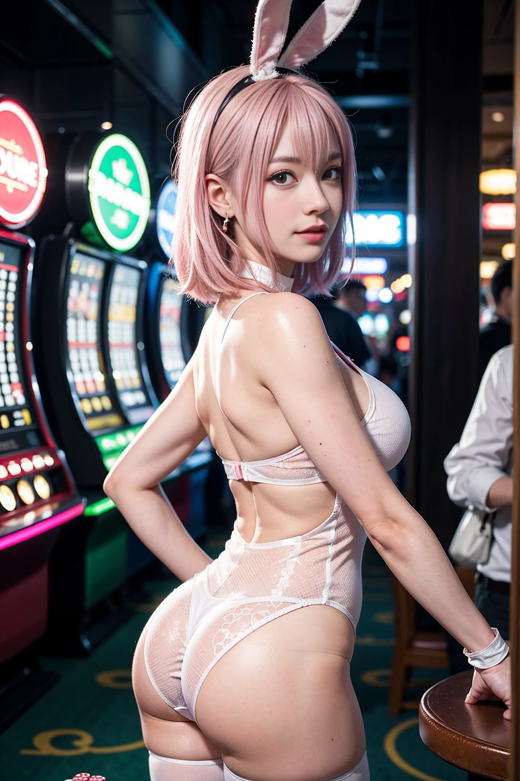 ,coin slot:1.2,back shot:1.6,from behind,ass showing:1.4,cowboy shot,BREAK(8K RAW photo,Live shooting, top quality, masterpiece:1.37),(Real,Photorealistic:1.37),extreme light and shadow,oily skin:1.6,shiny skin:1.3,small face:1.3,(1 girl),20yo,Japanese idol,alone:1.6,3D,(looking at viewer),perfect eyes, Detailed and beautiful eyes, beautiful eyelashes,perfect anatomy,oily skin:1.6,shiny:1.3, BREAK
(pink hair:1.2) (pink medium hair:1.4),straight hair:1.5, BREAK,blunt bangs:1.6,(Aqours eyes),natulal make_up:0.9,ear piercing:0.3,Layered bracelets,Gentle Smile:1.1,huge breasts, BREAK ((White Sexy Bunny girl costume:1.6),(white fake rabbit ears:1.3),(red bow tie with White collar:1.6),(white mesh leotard:1.4),(white high cut leotard:1.4)), (bare arms),zettai ryouiki,(white fishnet legwear:1.6), BREAK(standing,open crotch)(hands on hips), BREAK(Casino theme), (Inside of casino hall,poker table,multicolored neon lights:1.3),bokeh,depth,noise filter:1.6,Grey Film filter,