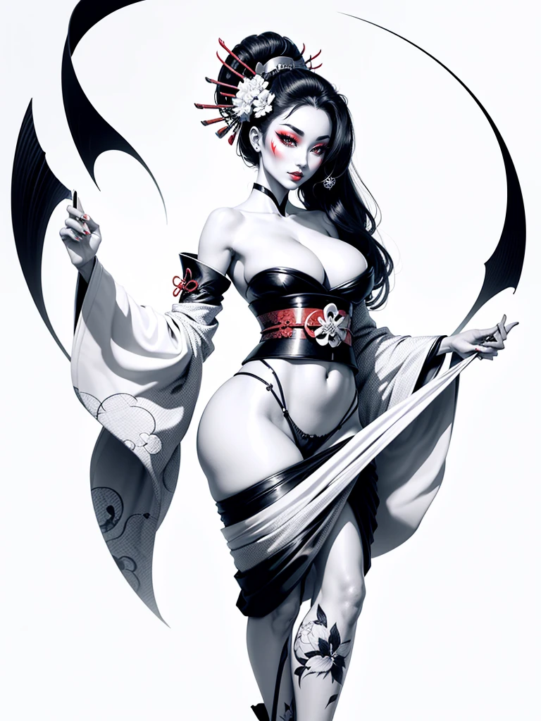 Geisha sexy demon black and white drawing
