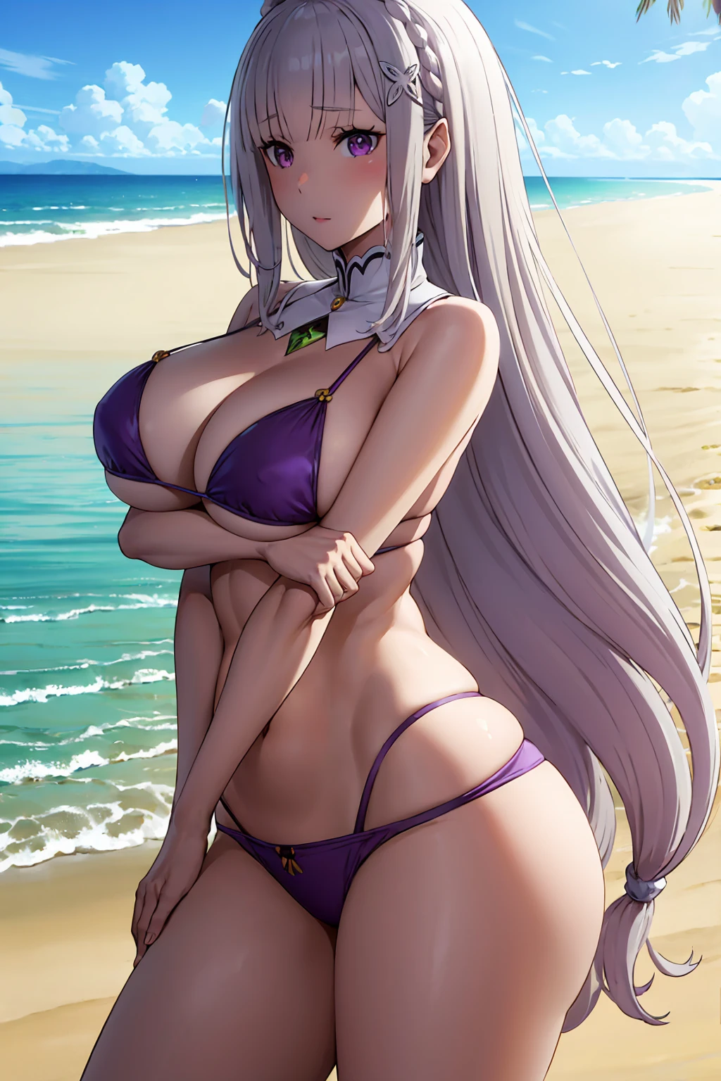 Emilia, white hair, posing, big breasts, sexy, beach, thick thighs, hot, thin bikini, wet, curvy, leaning, naughty, horny, g-string, hair flower, hair ornament, purple eyes