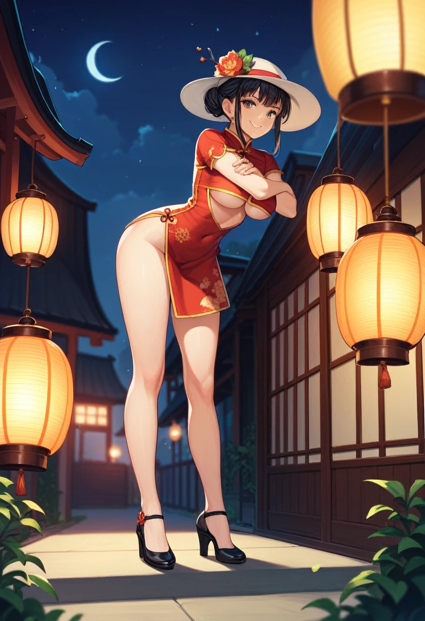 masterpiece, 1girl, solo, black hair, underboob, hat, light_smile, ofuda, china dress, crossed arms, full body, outdoors, hanging lantern, night, higashi setsuna,