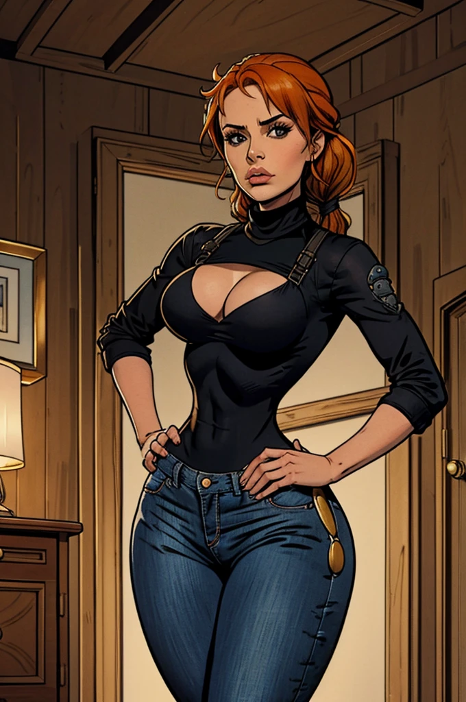1 female, hourglass figure, pouty look, housewife, cleavage, Black turtleneck, small waist, thick thighs, orange hair, braided, hands on hips, tight jeans, masterpiece, 4k.
