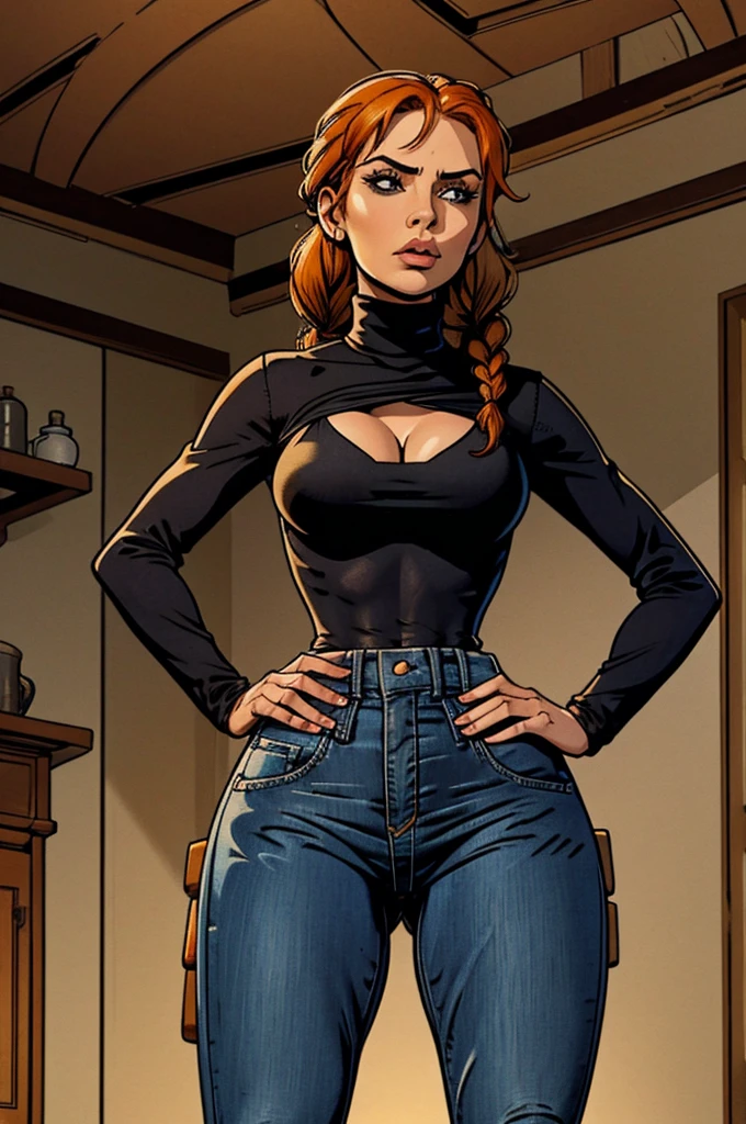 1 female, hourglass figure, pouty look, housewife, cleavage, Black turtleneck, small waist, thick thighs, orange hair, braided, hands on hips, tight jeans, masterpiece, 4k.
