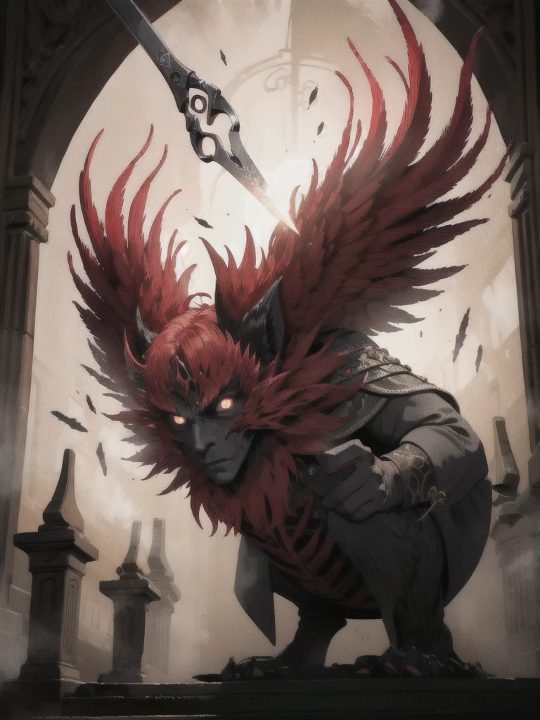 a colossal pair of scissors, much larger than any common scissors, with razor-sharp scarlet red blades that seem to almost pulse with a sinister energy. The edges of the blades are adorned with intricate black detailing, like tribal patterns or ancient runes, which give the weapon an even more threatening appearance.The handle of the scissors is made of a material as black as night., maybe a dark metal or a magical wood, and is carved with shadowy figures and ornamentation reminiscent of gargoyles or mystical creatures. The handle design is ergonomic, allowing the user to handle it with surprising ease despite its imposing size.Aura:The scissors emanate a dark and intimidating aura. A dark, turbulent mist seems to envelop the blades, occasionally releasing sparks of dark energy.