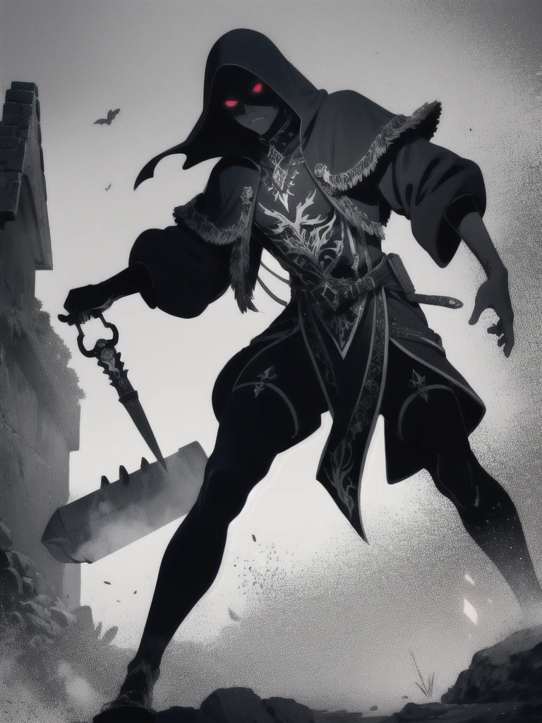 a colossal pair of scissors, much larger than any common scissors, with razor-sharp scarlet red blades that seem to almost pulse with a sinister energy. The edges of the blades are adorned with intricate black detailing, like tribal patterns or ancient runes, which give the weapon an even more threatening appearance.The handle of the scissors is made of a material as black as night., maybe a dark metal or a magical wood, and is carved with shadowy figures and ornamentation reminiscent of gargoyles or mystical creatures. The handle design is ergonomic, allowing the user to handle it with surprising ease despite its imposing size.Aura:The scissors emanate a dark and intimidating aura. A dark, turbulent mist seems to envelop the blades, occasionally releasing sparks of dark energy.