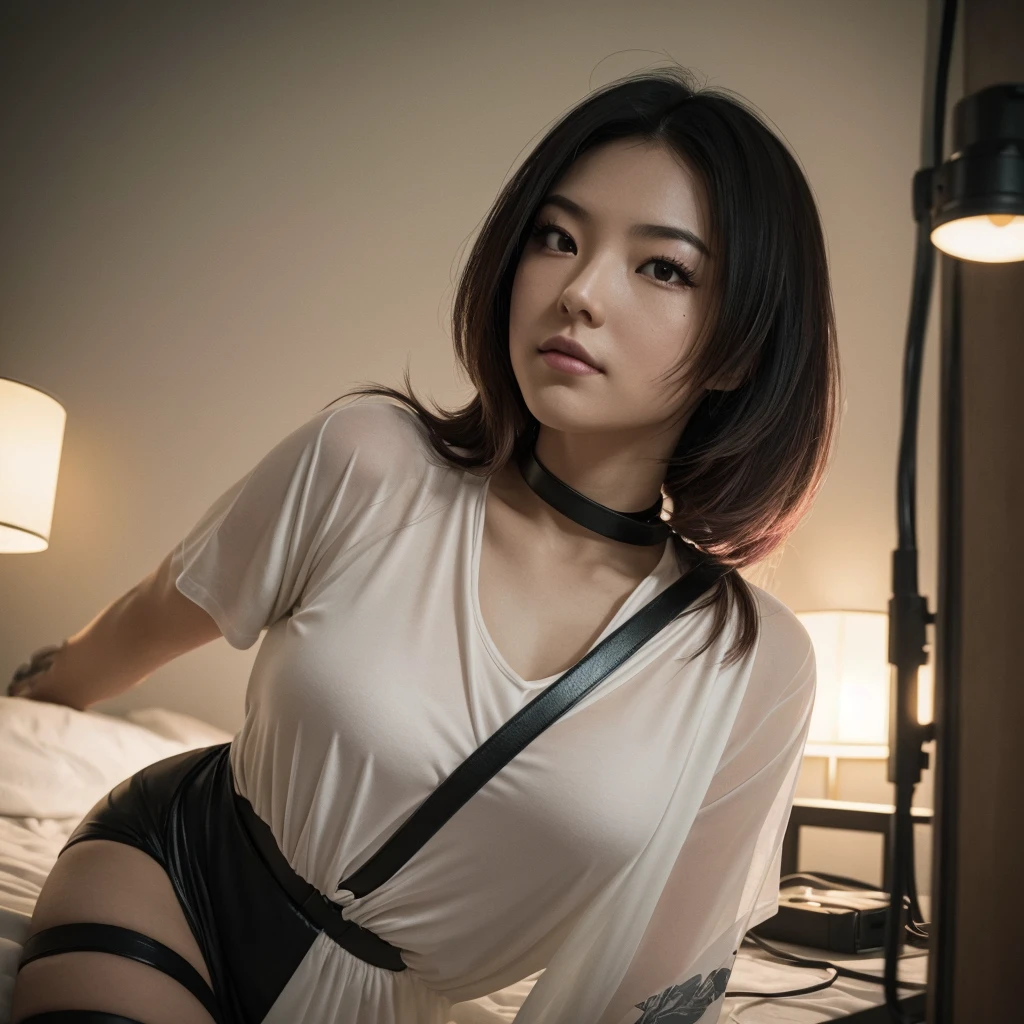 (work of art) best qualityer, ultra detaild, golden neon proportion, ultra realistic) Photo of a Japanese woman with penetrating and intense gaze, dressed in retrofuturistic costume (moles, tshirts, fair shirts, fair dresses) vibrant makeup, bedroom setting with a cold tone wall, Perfect rare face, highly detailed skin, long straight black hair: Full, slightly pink mouth, ink tattoos, pale and glowing skin, fine tune, Big size, Sharp focus on rare face, perfect black eyes: photorrealistic, Film grain, one foot forward, from below looking up, Look to the camera, Emphasize your shoulders with a holster, scabbard, tactical knife, facefocus, Stockings, scarves, leashes, Smile with the corners of your mouth raised, disdainful expression, night lights, instagram style, back-illuminated, outer, Retro, 80's perm, misty, misty, 80's house, soft warm colors, theatrical portrait, vinyl dress, Suburban retrofuturistic mercenaries, cautious, searchlight, volumetric dust clouds, Main light, contra-luz, ray tracing, soft natural neon lighting, Film grain ISO 400, 30mm lense, openness, Analog photography, cores hdr